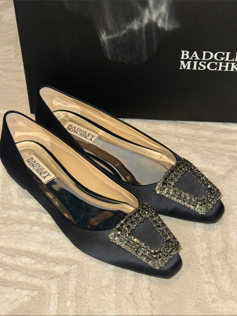 Badgley Mischka Black Satin Flats with Crystal Buckle NIB Womens Size 7.5